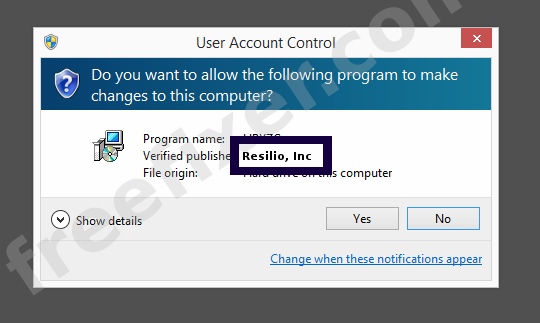 Screenshot where Resilio, Inc appears as the verified publisher in the UAC dialog